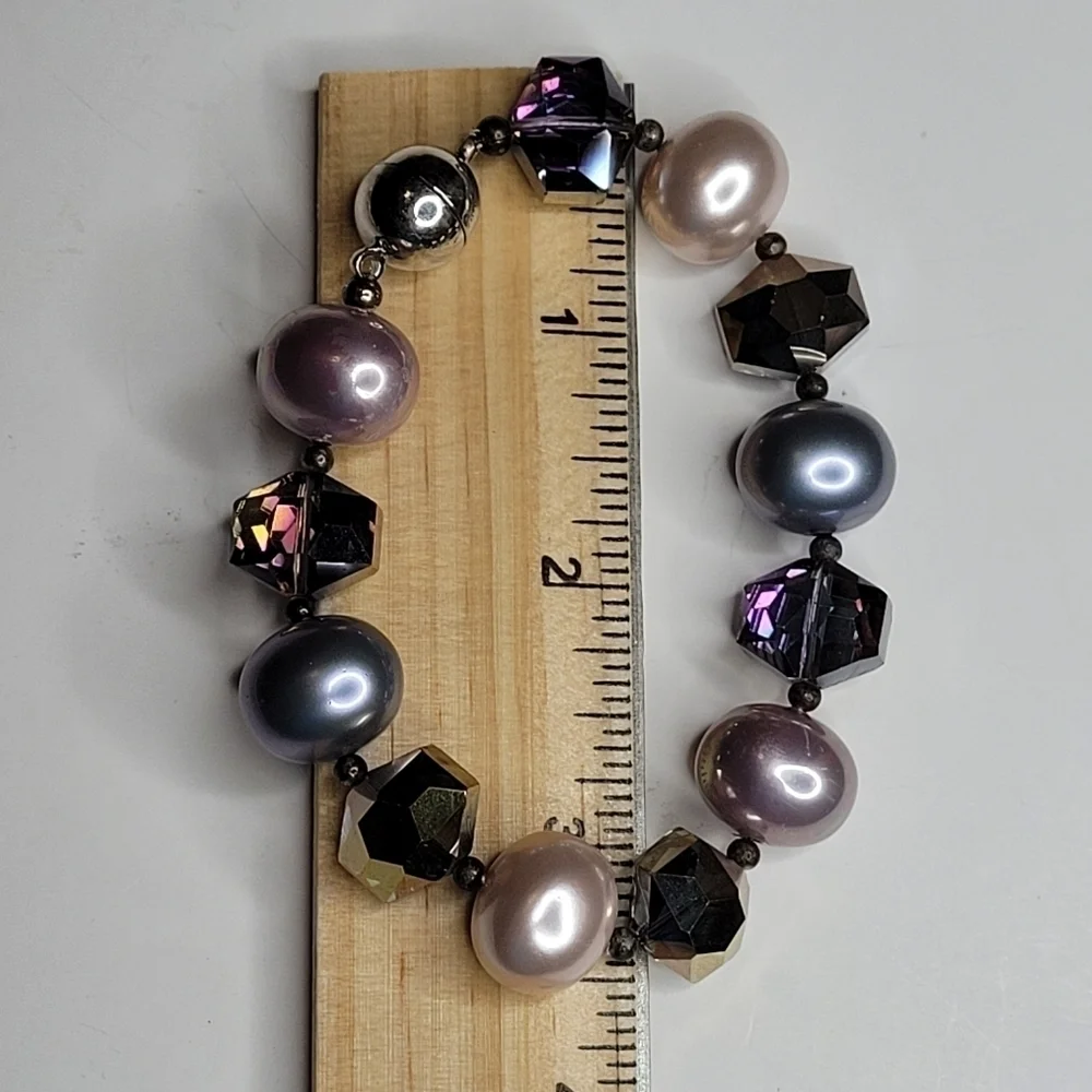 Purple, Gray, Faux Pink Pearls Beads Magnetic Closure Bracelet